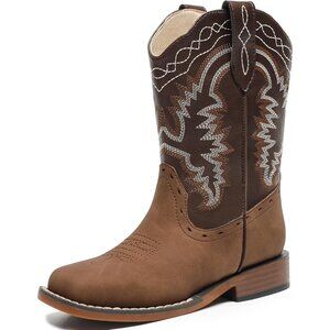 ⚡Kid Brown/Tan Synthetic Cowboy Western Riding Shoes Square Toe Wide Calf Boot